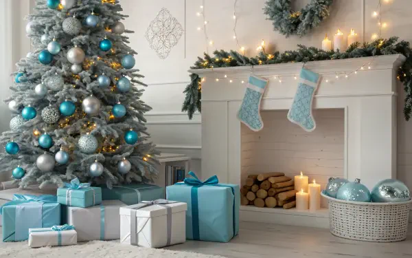 A cozy holiday scene featuring a decorated Christmas tree, wrapped gifts, a lit fireplace with candles, and stockings hung, all adorned with teal and silver accents. 4K Ultra HD wallpaper.