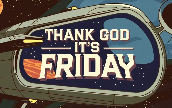 A vibrant 4K Ultra HD desktop wallpaper featuring the phrase Thank God It's Friday, set against a cosmic background with a spacecraft theme.
