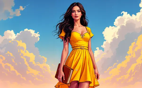A woman in a vibrant yellow dress stands confidently against a backdrop of blue skies and fluffy clouds, captured in 4K Ultra HD for a stunning desktop wallpaper.