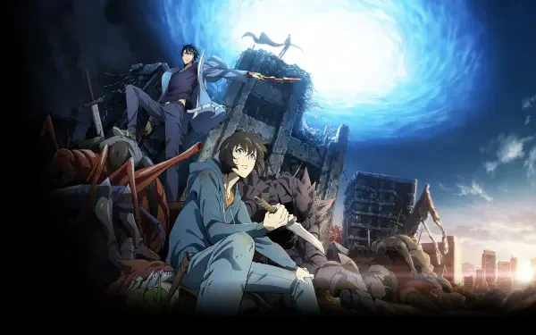 Solo Leveling characters in a post-apocalyptic cityscape, depicted in vibrant 4K Ultra HD detail for a PC desktop wallpaper and background.