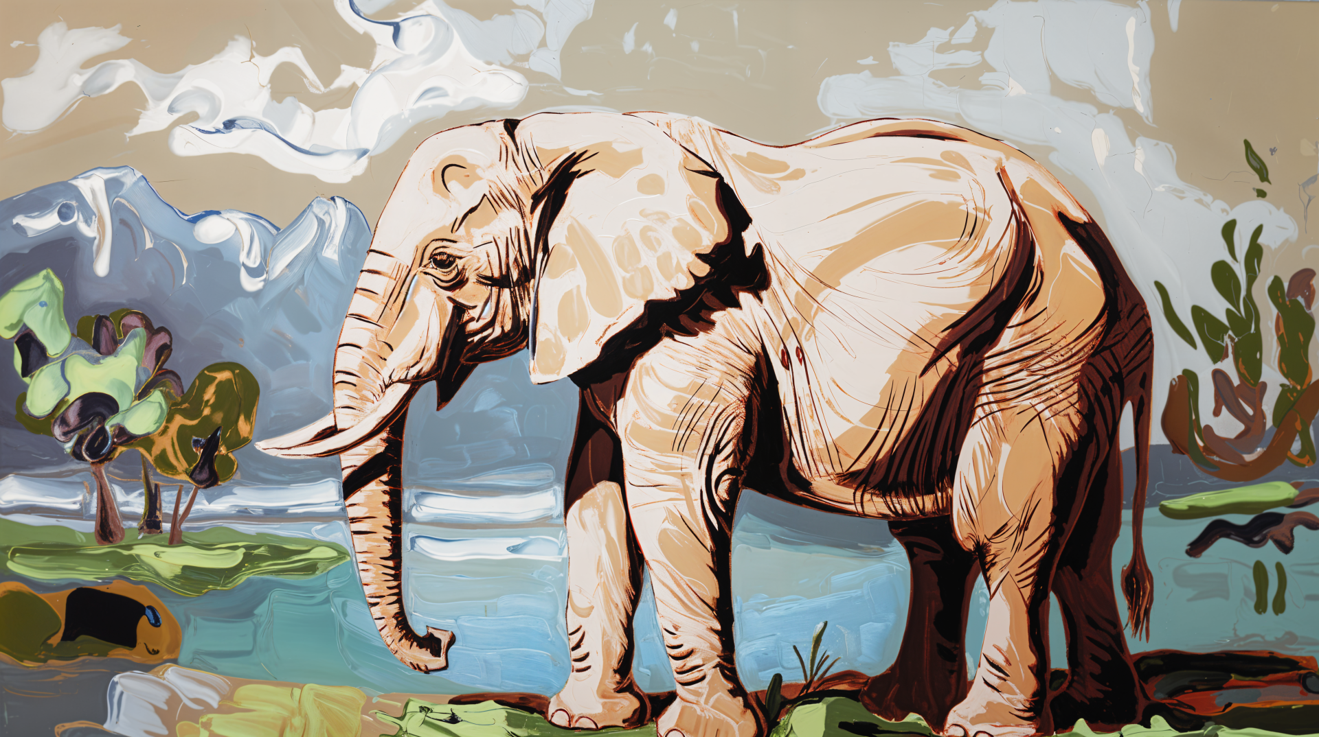 A beige elephant stands by a serene body of water, surrounded by abstract landscapes, captured in a vibrant 4K Ultra HD desktop wallpaper.