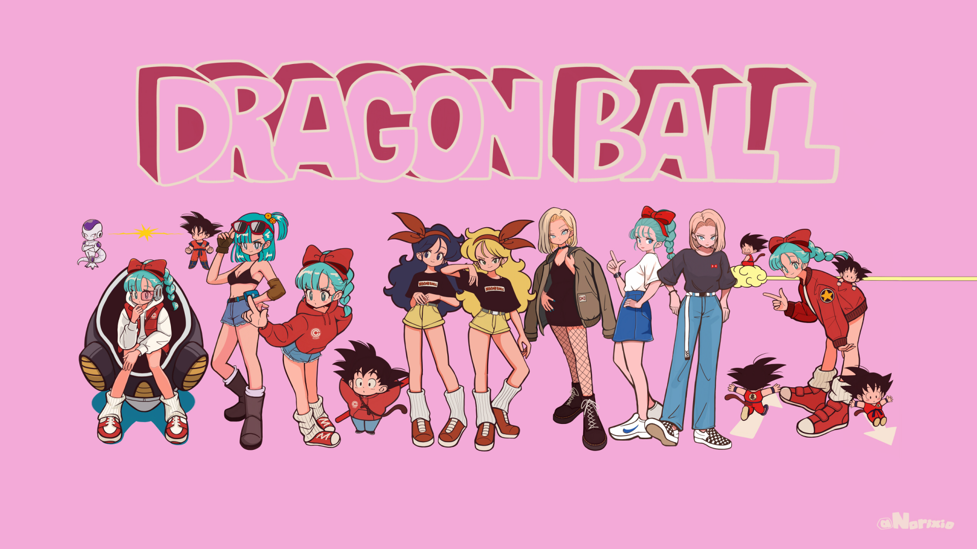 HD anime desktop wallpaper featuring Dragon Ball Z characters lined up against a pink background with bold Dragon Ball text at the top.