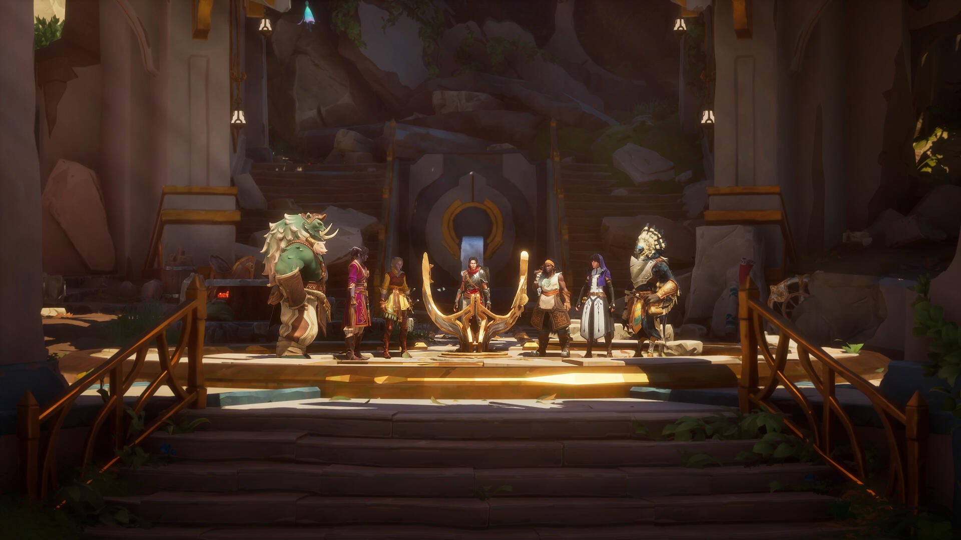 A group of diverse characters stands in a grand setting, illuminated by soft light, showcasing themes from the video game Eternal Strands in this 4K Ultra HD PC desktop wallpaper.