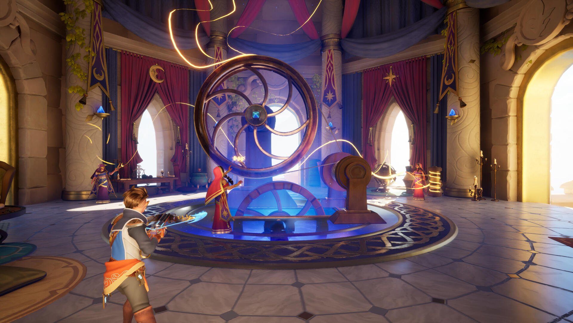 A vibrant scene from the video game Orcs Must Die! Deathtrap, showcasing a character preparing for battle in a richly decorated room with mystical elements, captured in 4K Ultra HD.