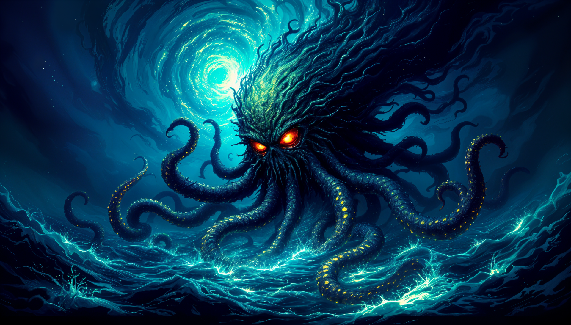 A vivid Lovecraftian horror scene, featuring a massive creature with glowing eyes and tangled tentacles amidst tumultuous ocean waves, set against a swirling blue vortex in 4K Ultra HD.