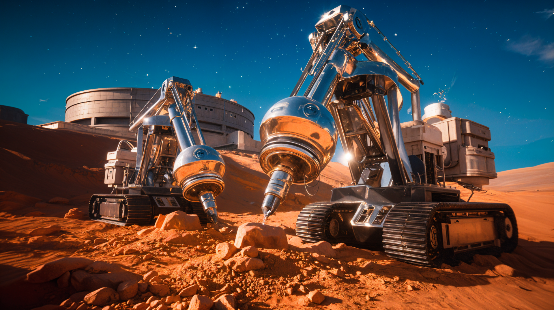 A futuristic scene of space mining, featuring advanced robotic machinery on a Martian landscape, set against a backdrop of stars and a distant facility. 4K Ultra HD quality.