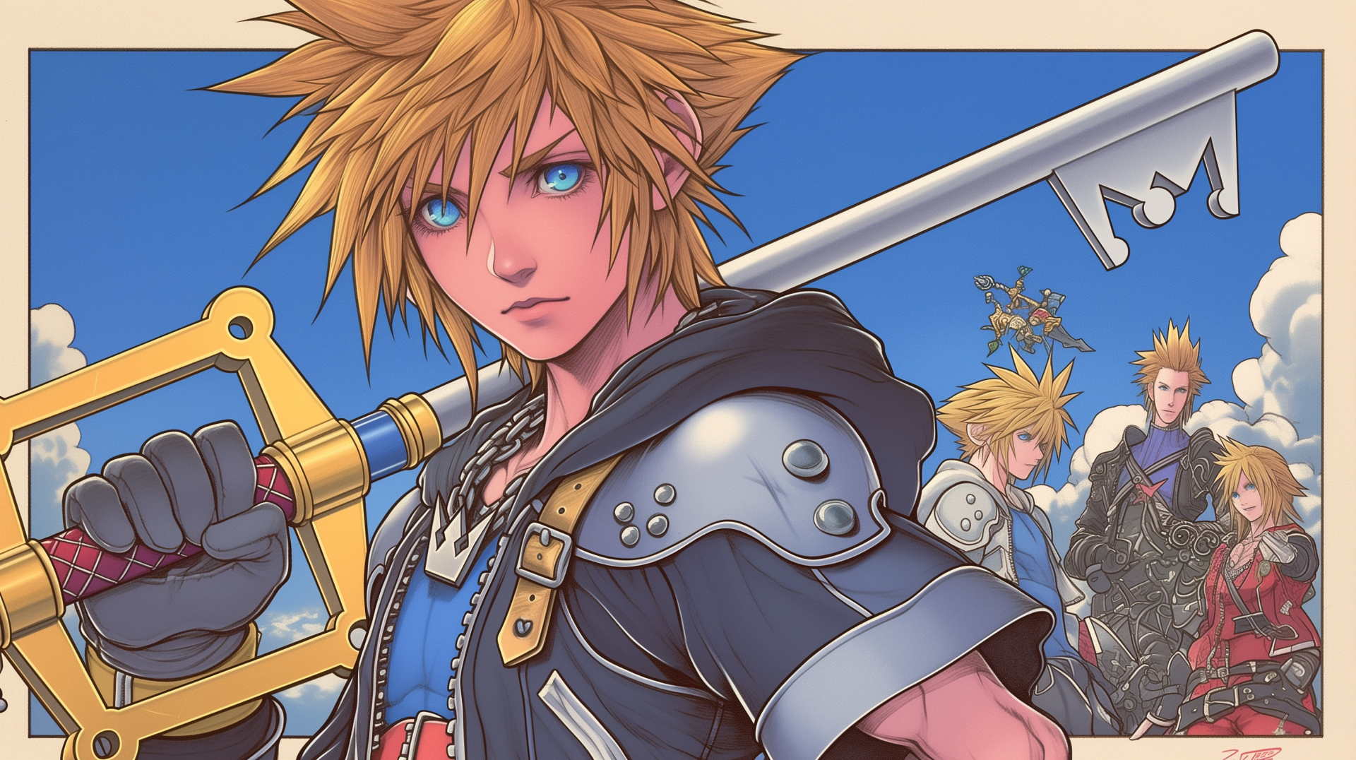 Sora from Kingdom Hearts stands confidently with his Keyblade, surrounded by a vibrant blue sky and multiple images of himself, creating a dynamic and engaging wallpaper for fans.
