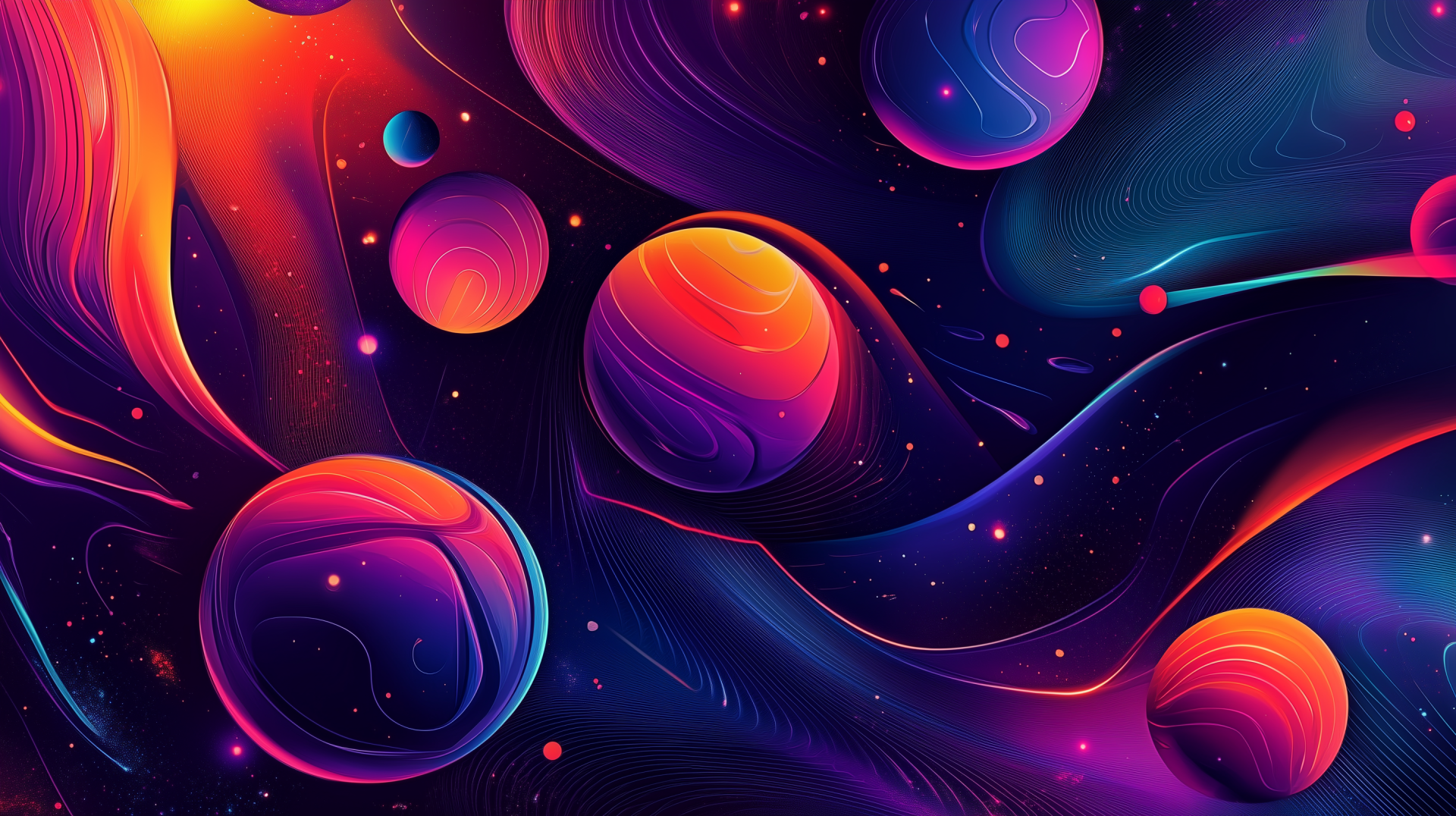 A vibrant, abstract HD desktop wallpaper featuring colorful retro-futuristic elements with swirling shapes and celestial spheres against a dark backdrop.