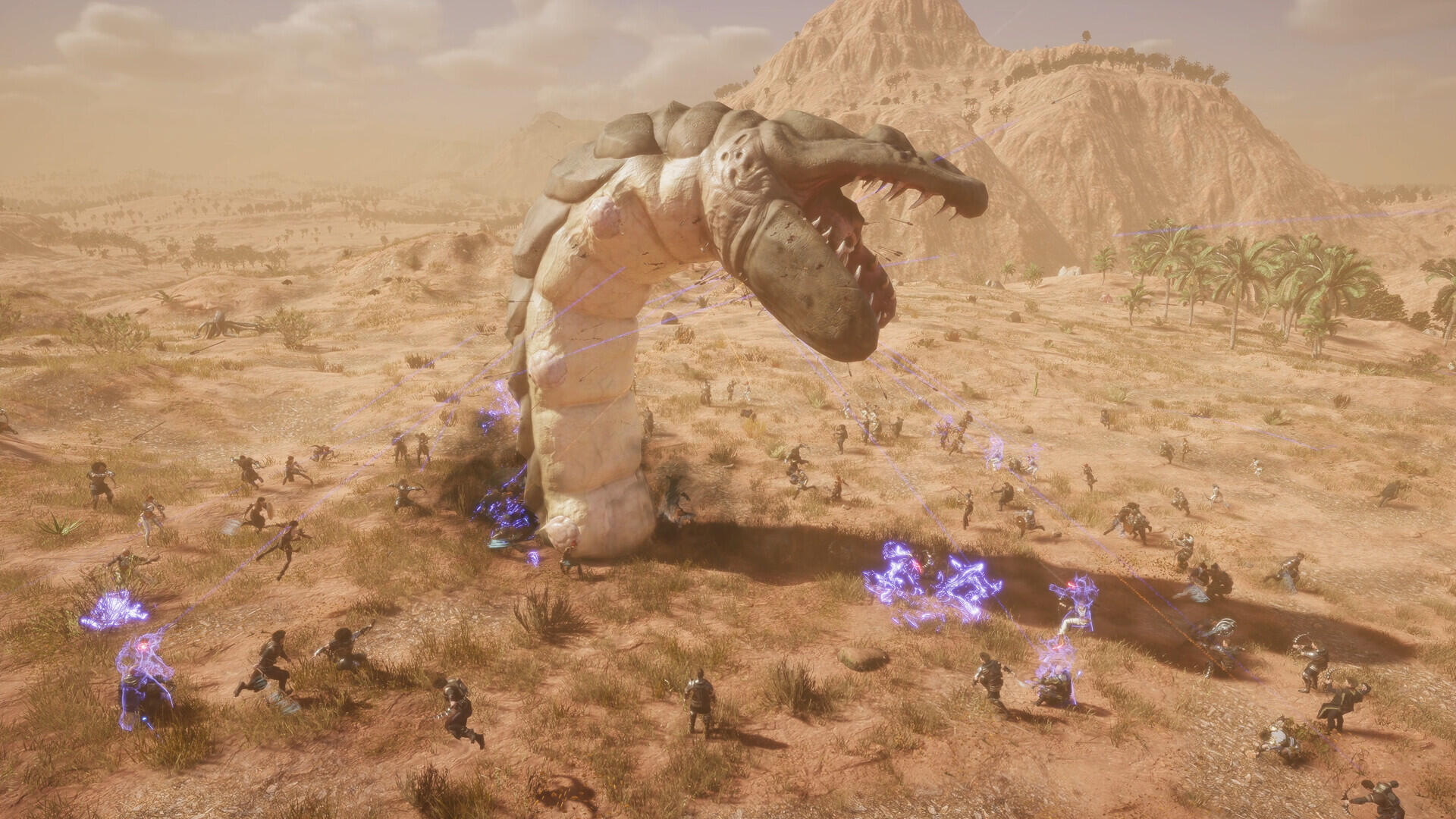 A dynamic scene from The Quinfall video game, featuring a massive creature towering over soldiers in a desert landscape, set against a backdrop of mountains. HD PC desktop wallpaper.