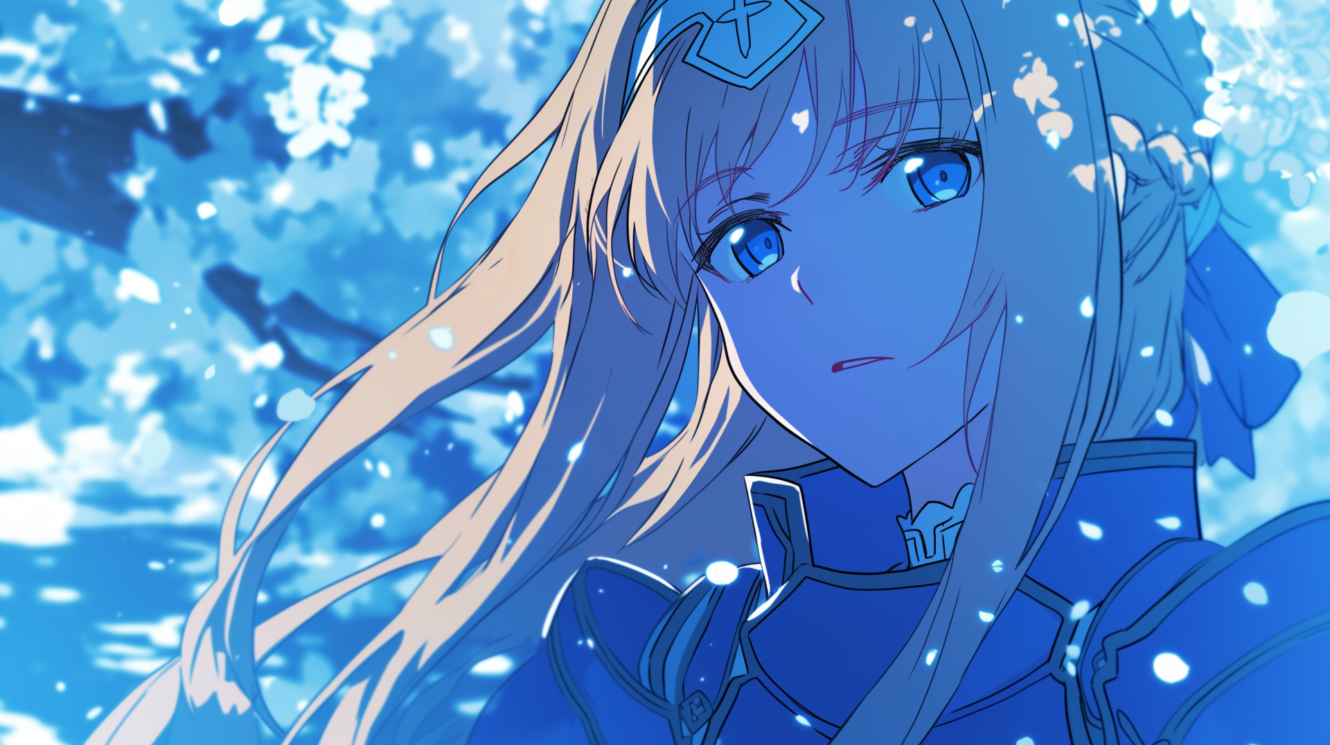 A stunning HD wallpaper featuring Alice Zuberg from Sword Art Online: Alicization, with her striking blue eyes and flowing hair against a dreamy blue background.