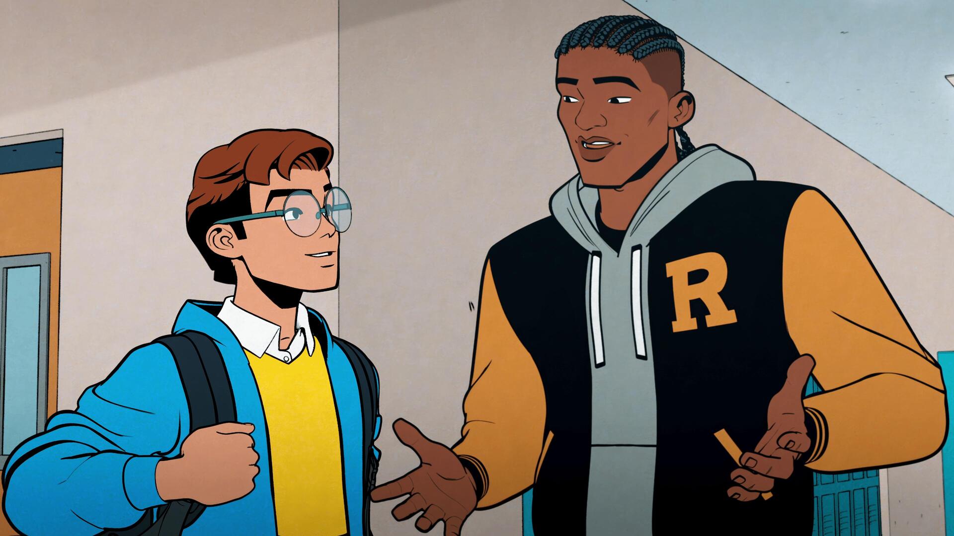 A vibrant scene from the TV show Your Friendly Neighborhood Spider-Man, featuring two characters in casual conversation, set in a school hallway. 4K Ultra HD wallpaper for PC desktops.