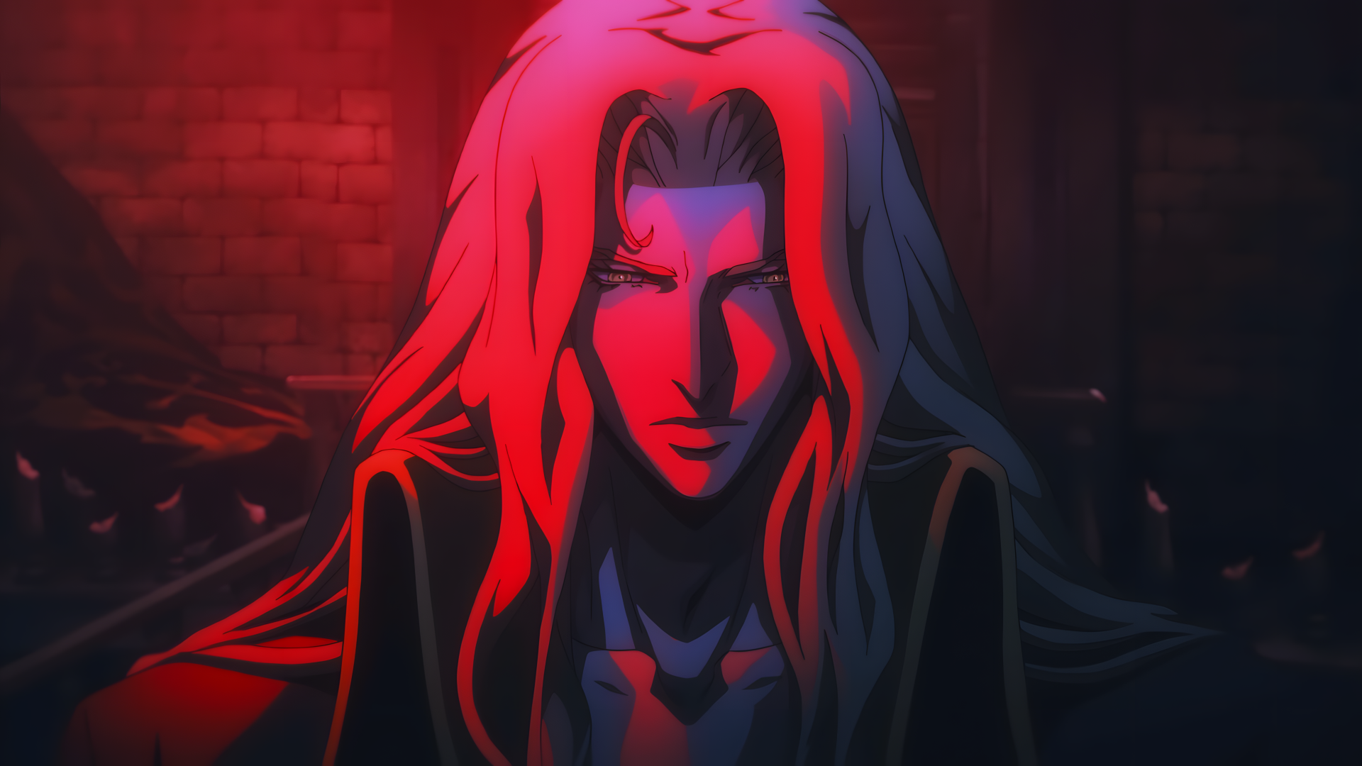 A striking 4K Ultra HD wallpaper featuring Alucard from Castlevania, illuminated by dramatic red lighting, capturing the intensity and atmosphere of the anime.