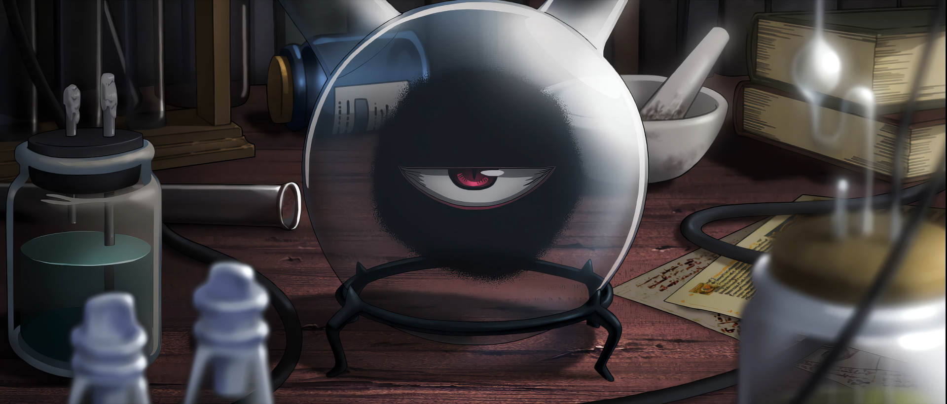 A close-up of a glass container featuring a sinister eye, representing Father from Fullmetal Alchemist, set against a backdrop of alchemical tools and parchment.
