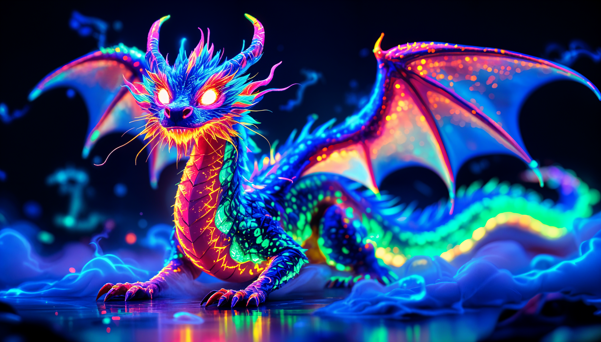 Vibrant neon dragon glowing with colorful fantasy hues, set against a dark background in stunning 4K Ultra HD for a striking PC desktop wallpaper.
