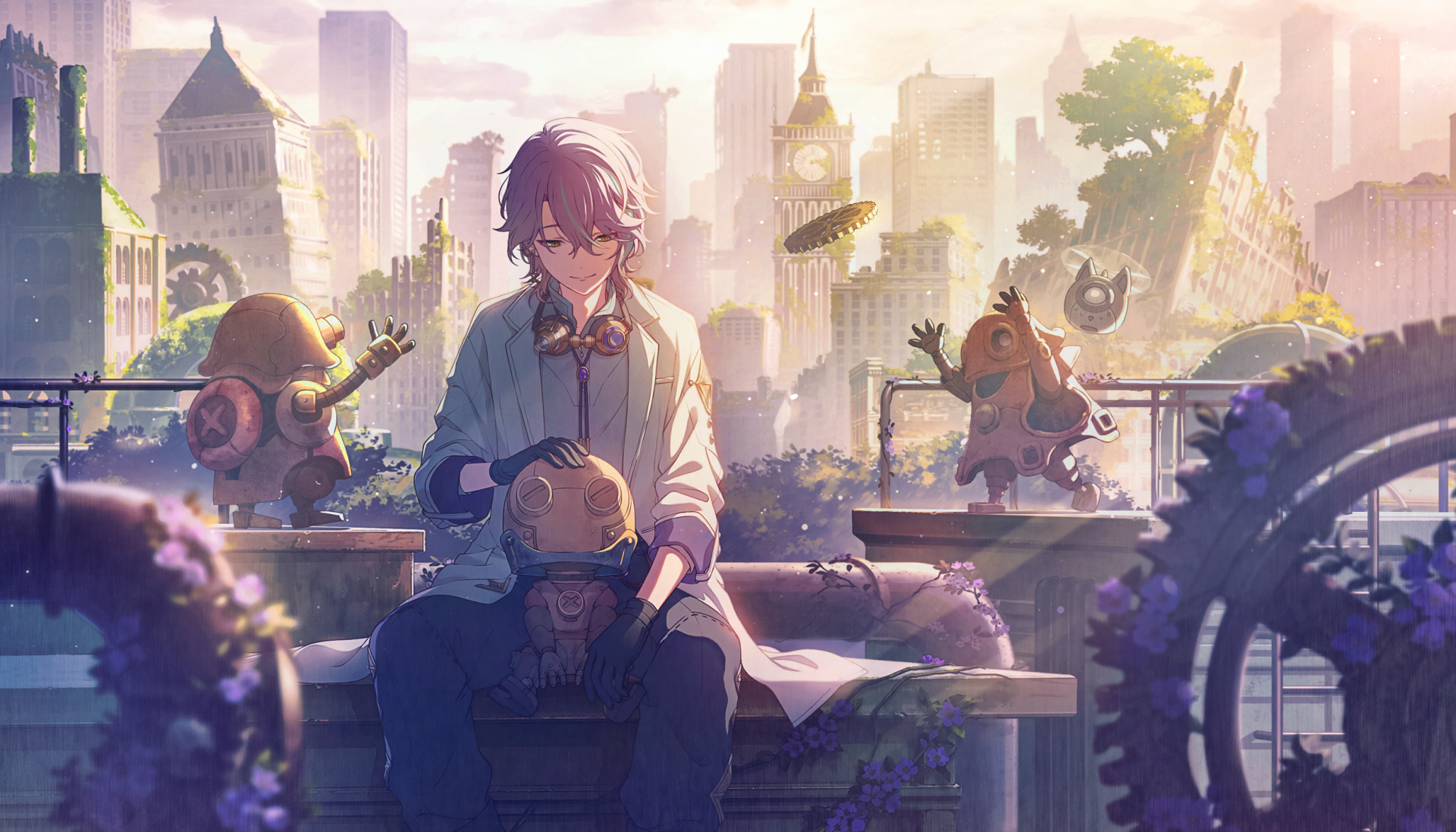 HD PC desktop wallpaper from Project Sekai: Colorful Stage! feat. Hatsune Miku, depicting a character in a serene urban setting with whimsical, nature-infused elements.