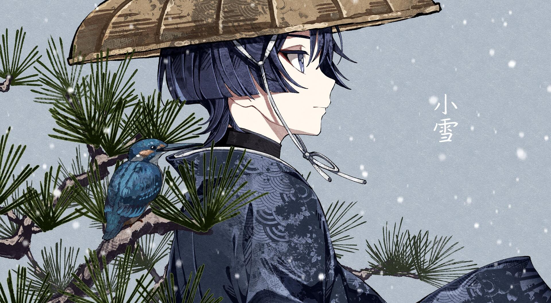 HD PC desktop wallpaper of Scaramouche, a boy from the video game Genshin Impact: profile in a straw hat and dark robe, snowy scene with pine branches and a small blue bird.
