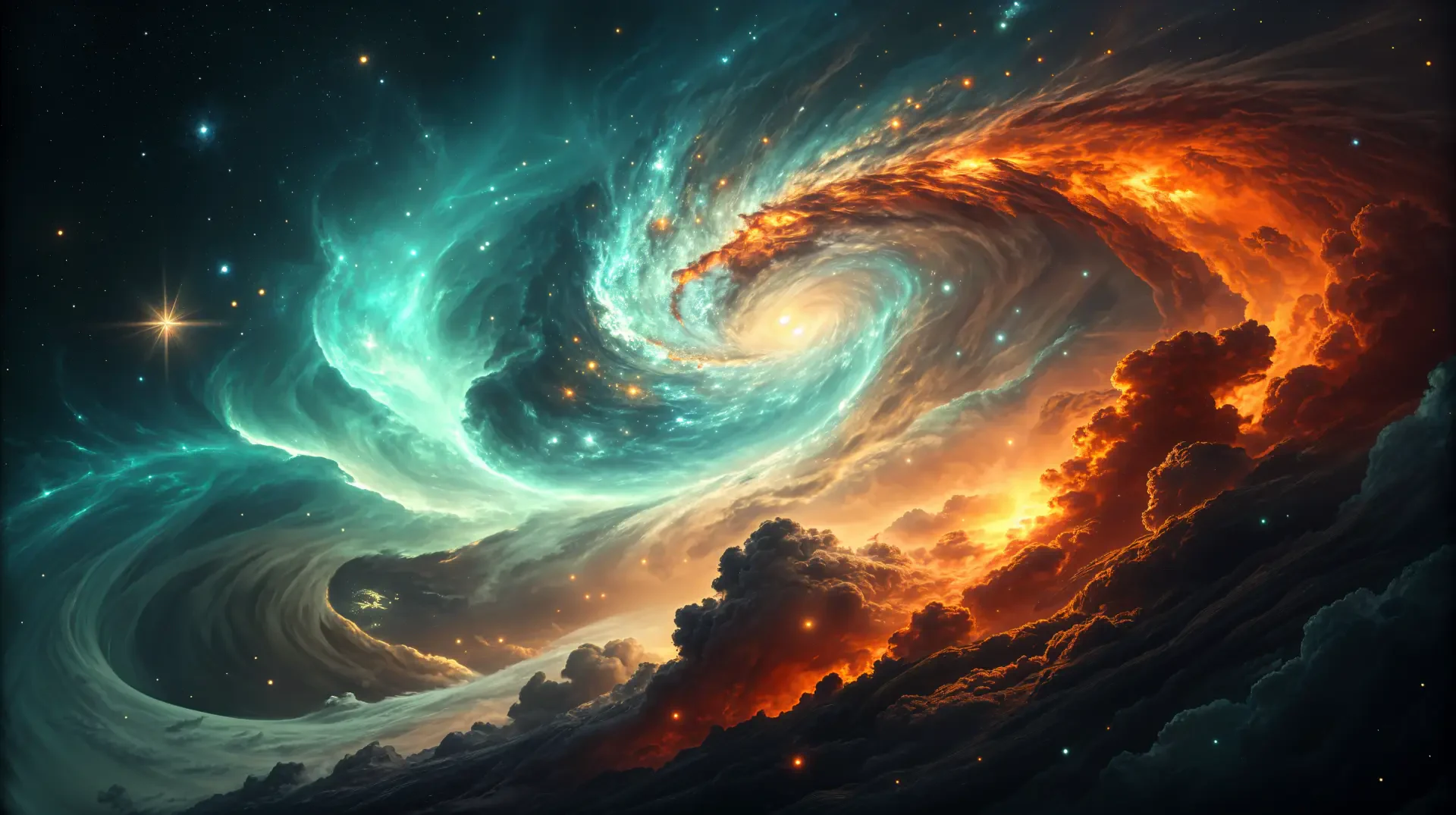 A breathtaking cosmic storm in vivid colors of teal and orange, swirling among clouds and stars, showcased as a 4K Ultra HD PC desktop wallpaper and background.