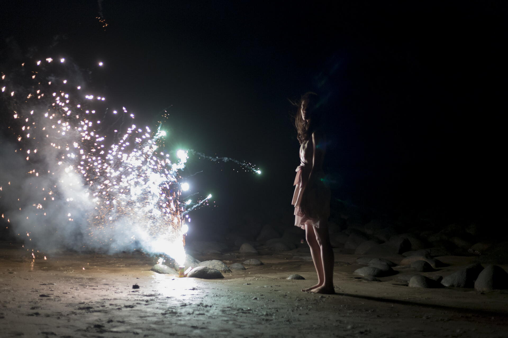 Download Woman Fireworks Night Beach 8k Ultra HD Wallpaper