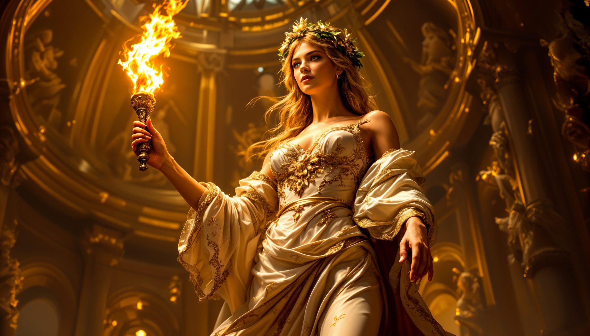 A striking 4K Ultra HD wallpaper featuring a courageous figure holding a flaming torch, adorned in an elegant gown, set against a grand, atmospheric backdrop.