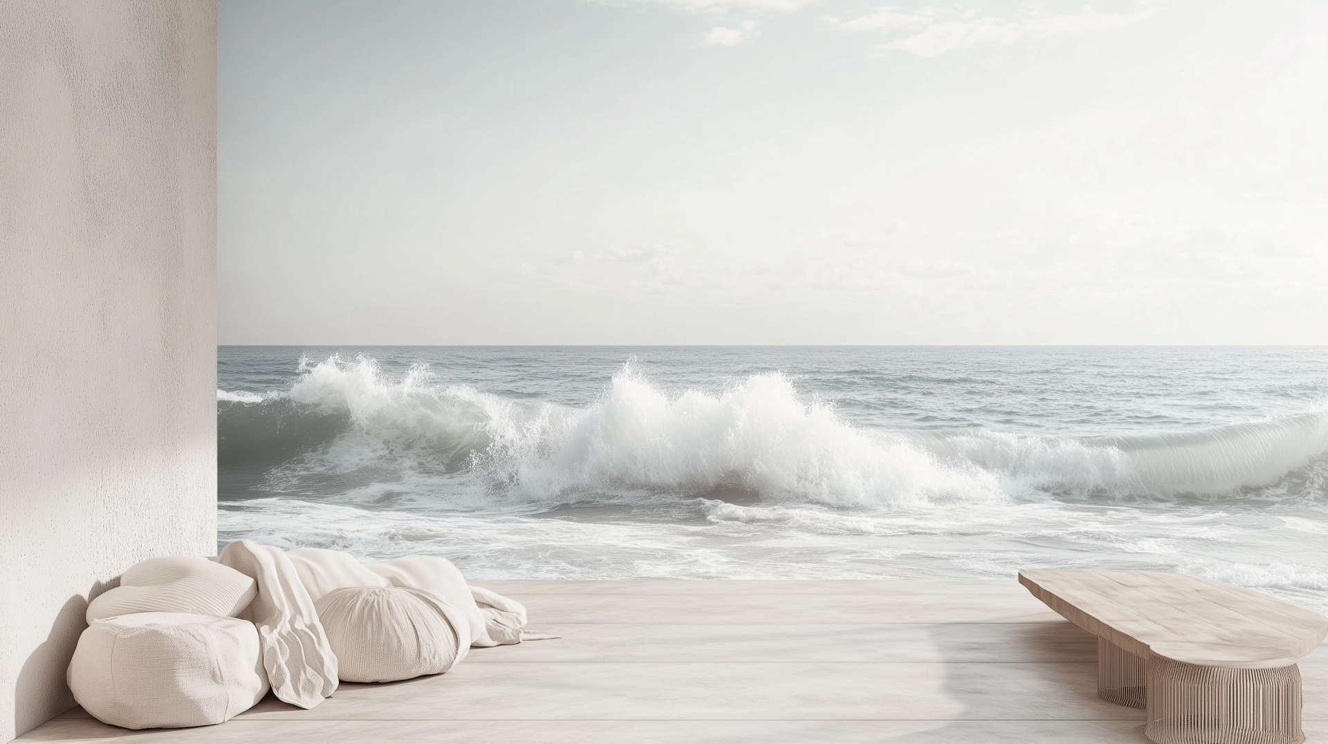 A serene indoor room with a white aesthetic overlooking crashing ocean waves, captured in HD as a calming desktop wallpaper and background.