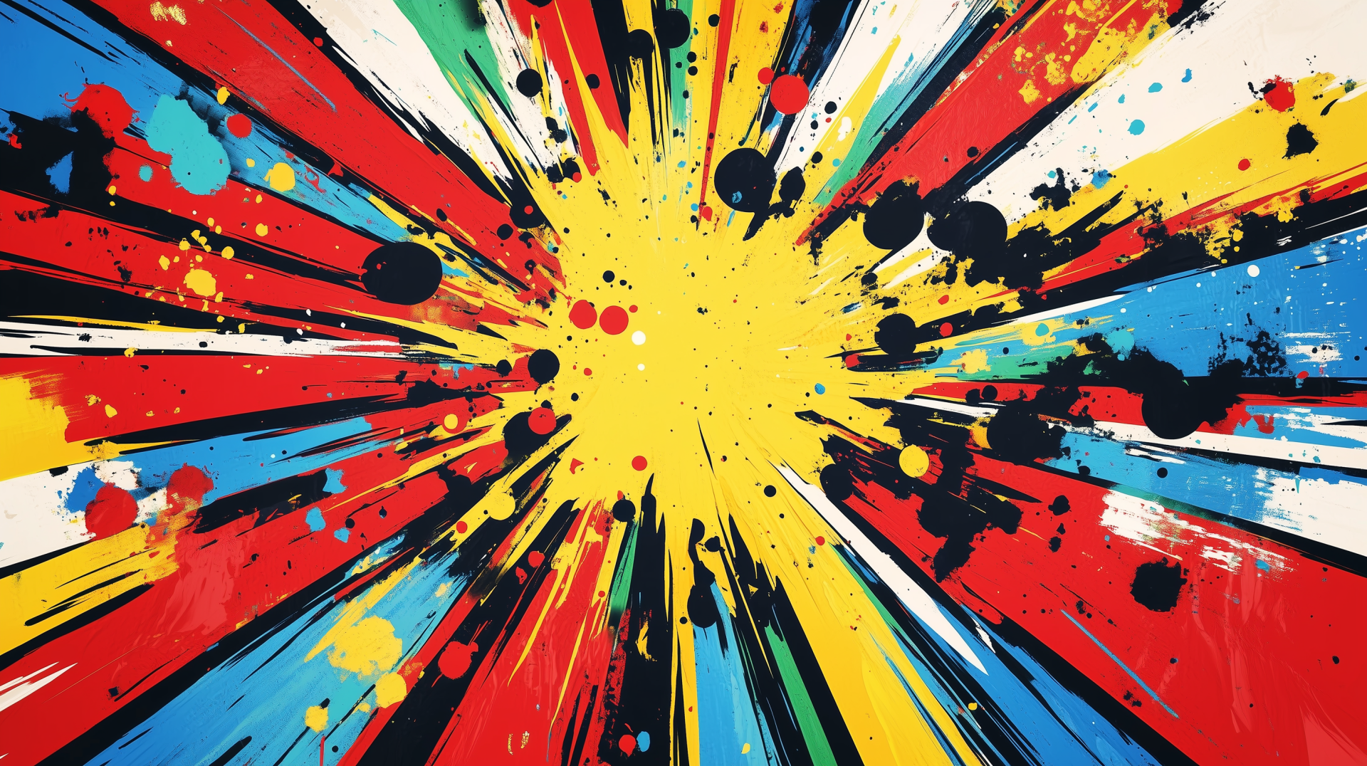 A vibrant pop art explosion in bold colors, featuring dynamic streaks of red, blue, and yellow with splashes of black and dots, designed as an HD desktop wallpaper.