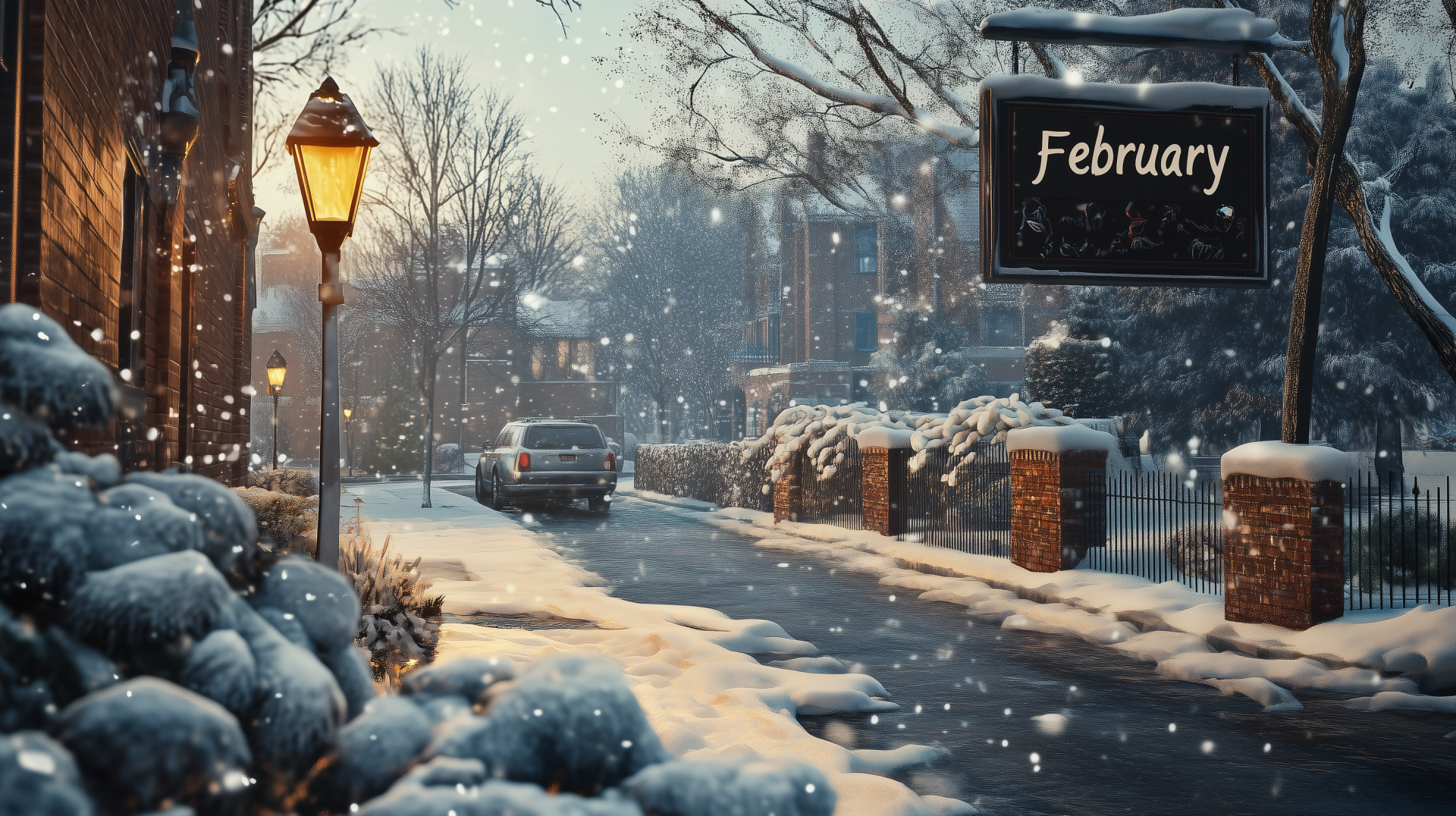 A serene winter landscape in February, depicting a snowy street adorned with soft, white snowflakes, a glowing streetlamp, and a sign marking the month.