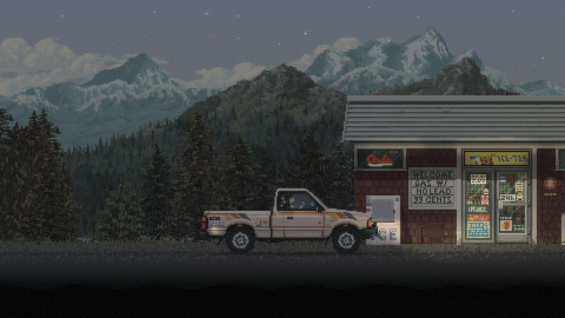 A stylized HD wallpaper from the video game Keep Driving, featuring a pickup truck parked outside a small store with mountains in the background under a starry sky.