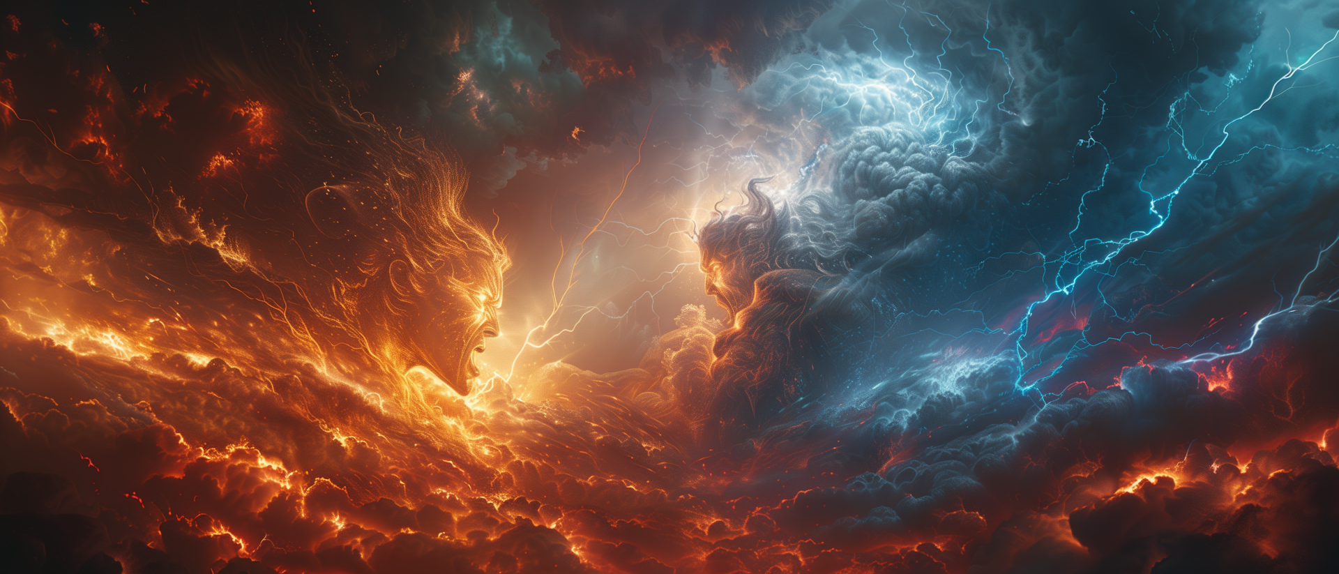 A dramatic HD wallpaper depicting a god-like figure emerging from fiery clouds, illuminated by lightning strikes against a vibrant sky, showcasing an epic atmospheric clash.