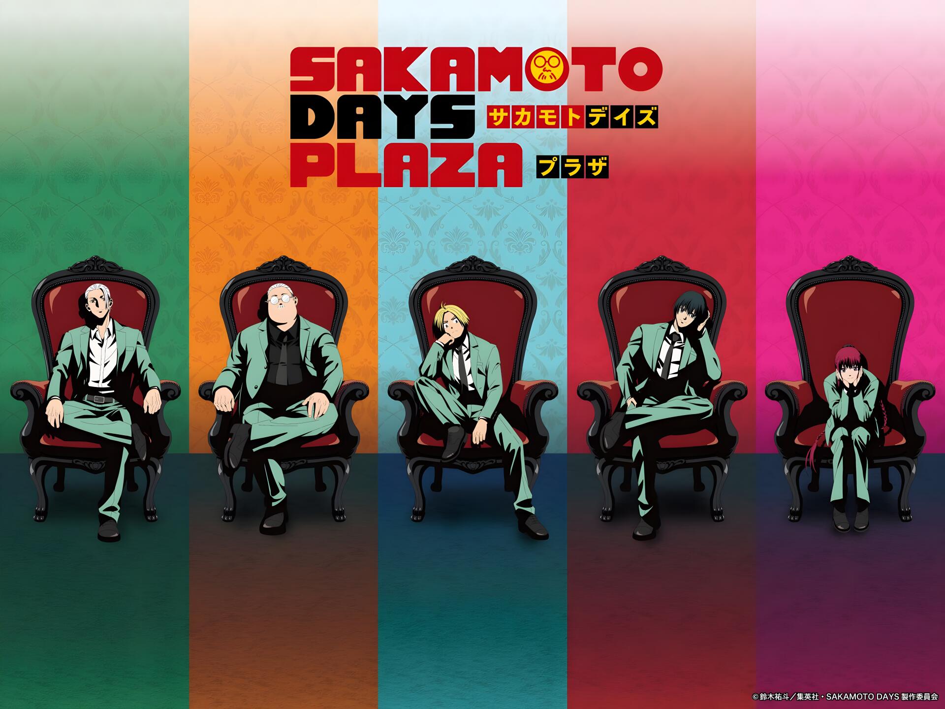 Anime Sakamoto Days 5K Ultra HD PC desktop wallpaper: five characters seated on ornate chairs across colorful vertical panels with the series logo at the top.