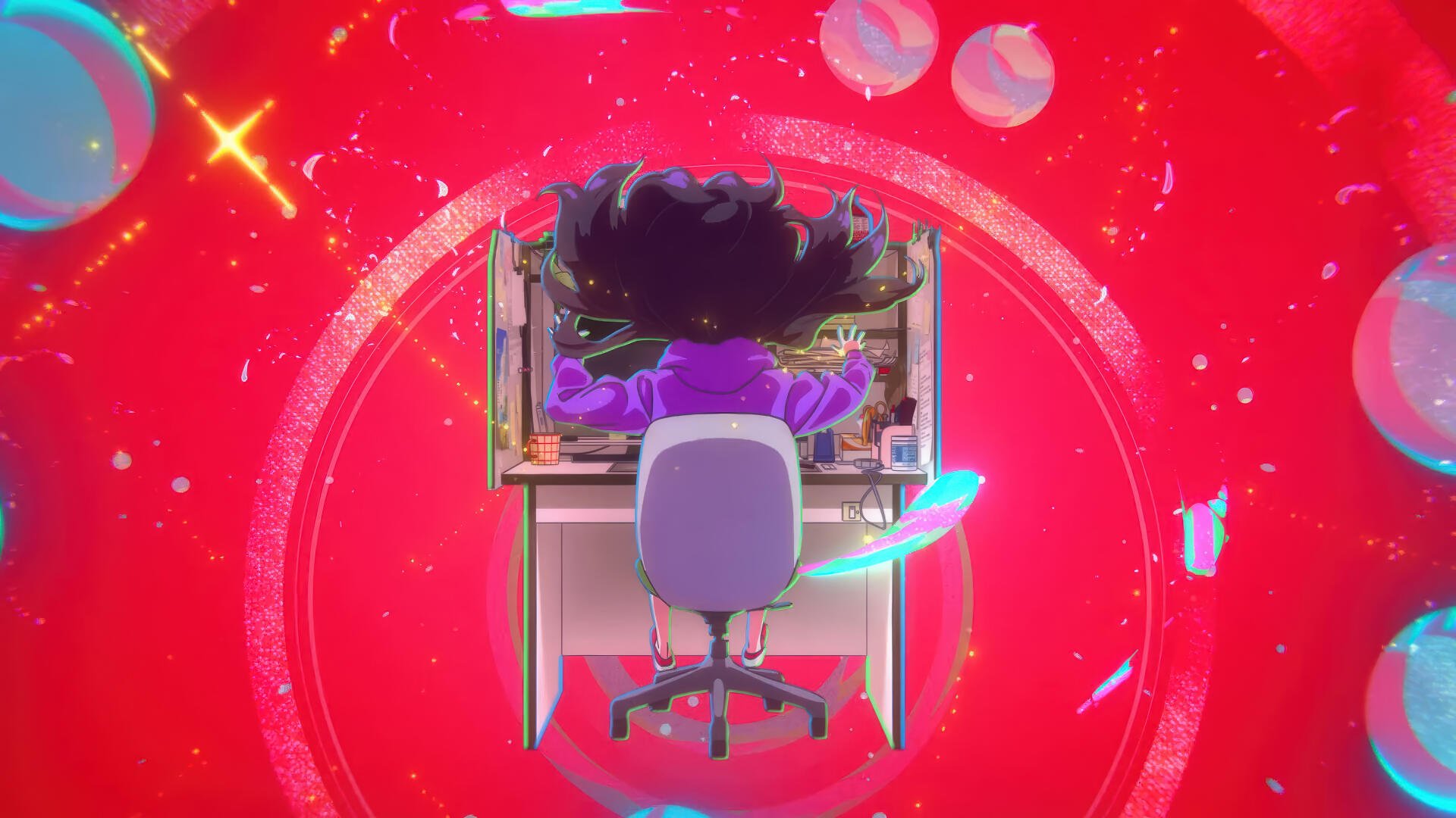 A vibrant 4K Ultra HD anime wallpaper featuring Natsuko Hirose, showcasing a character at a computer surrounded by colorful, swirling elements against a striking red background.