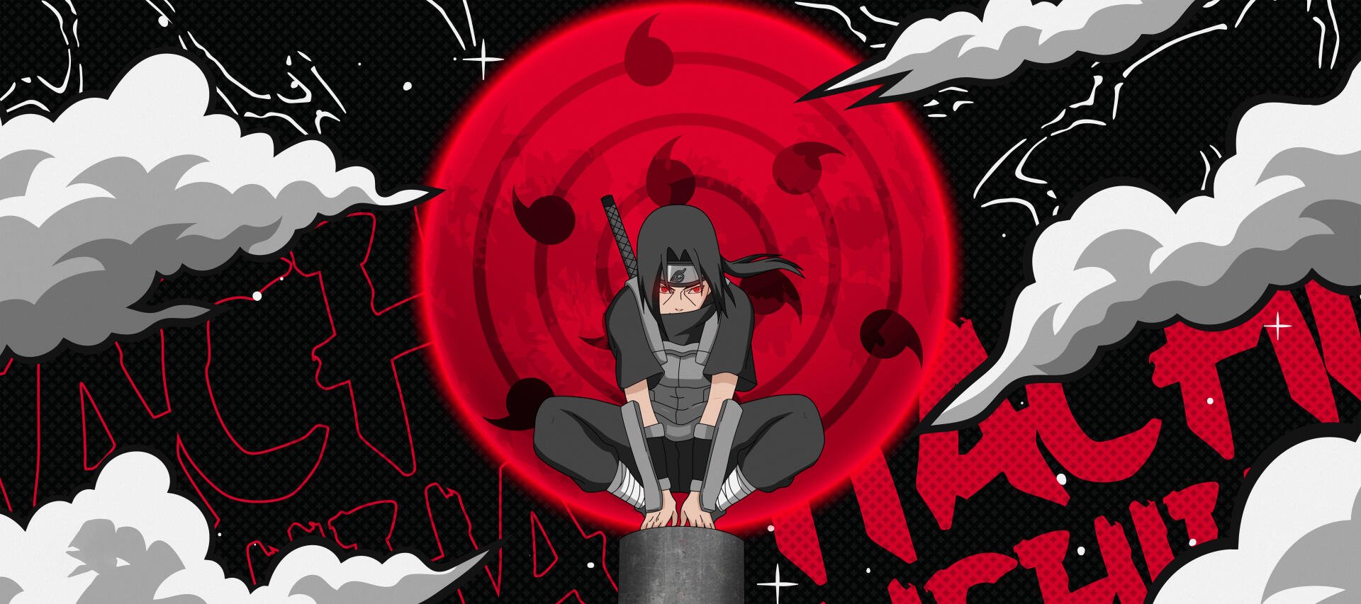 Naruto-themed 8K Ultra HD PC desktop wallpaper featuring a character crouching in front of a glowing red, circular seal with black markings and swirling clouds.