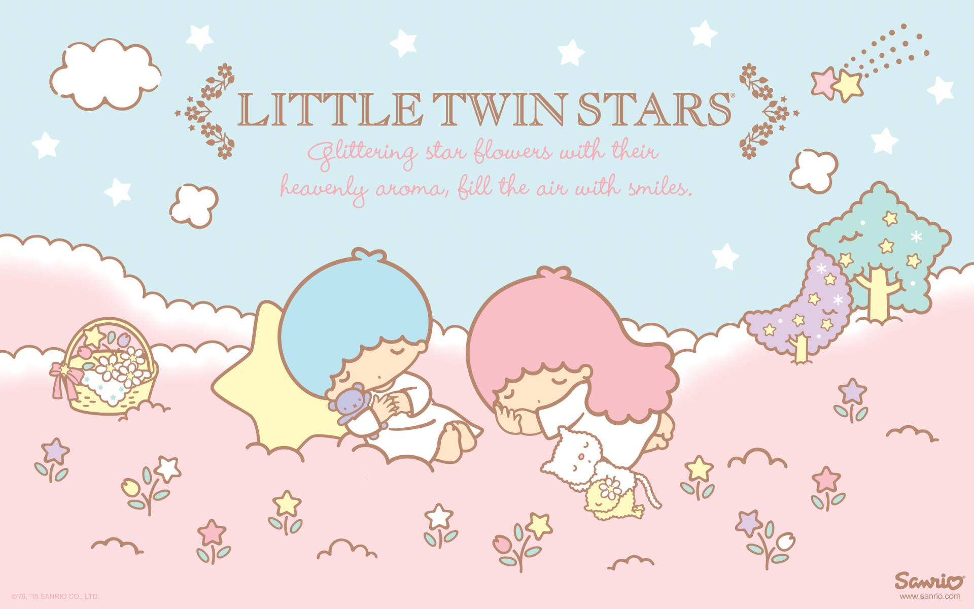 HD anime desktop wallpaper featuring Sanrio's Little Twin Stars in a pastel sky with stars, clouds, and floral elements, capturing a dreamy, celestial theme.