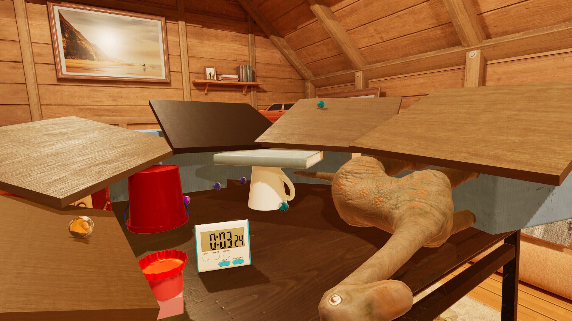 HD wallpaper featuring a scene from TrickShot Simulator, showcasing a wooden tabletop with various objects, including cups, a timer, and a playful, immersive gaming environment.