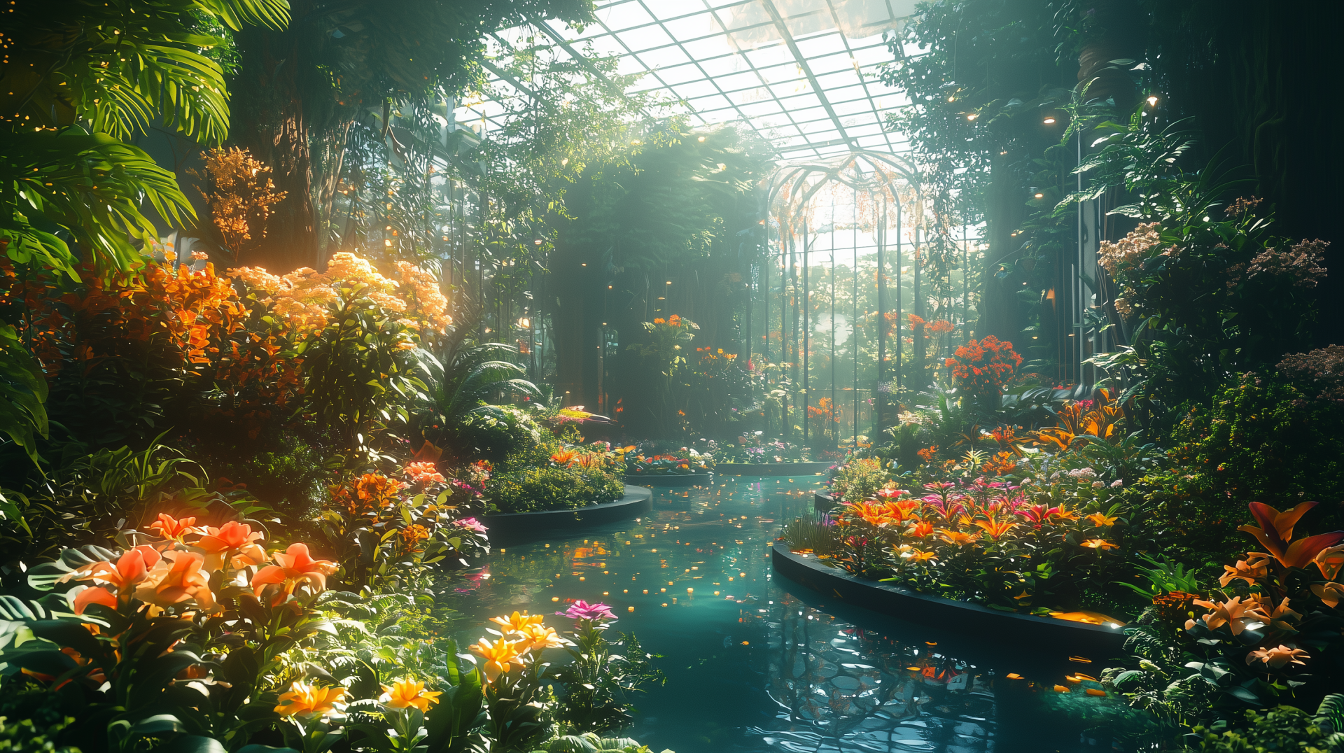 A serene solarpunk flower garden filled with vibrant plants and flowers, featuring a tranquil waterway, all illuminated by gentle sunlight streaming through a glass structure.