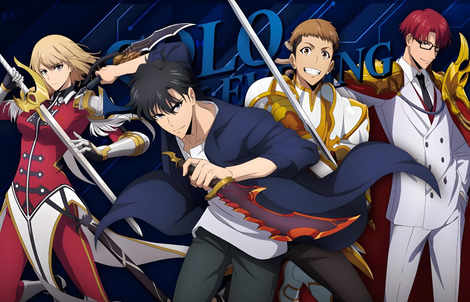 4K Ultra HD anime desktop wallpaper featuring Cha Hae-in and Sung Jin-Woo from Solo Leveling, showcasing dynamic action poses with vibrant colors and detailed character designs.