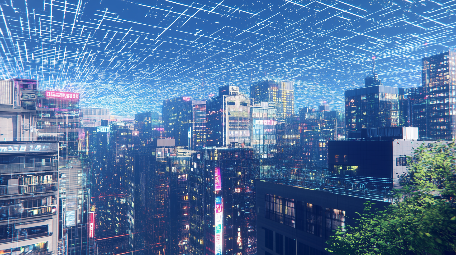 A vibrant cybernetic cityscape illuminated by neon lights, featuring towering buildings and a network of digital lines overhead, designed as a stunning HD PC desktop wallpaper.