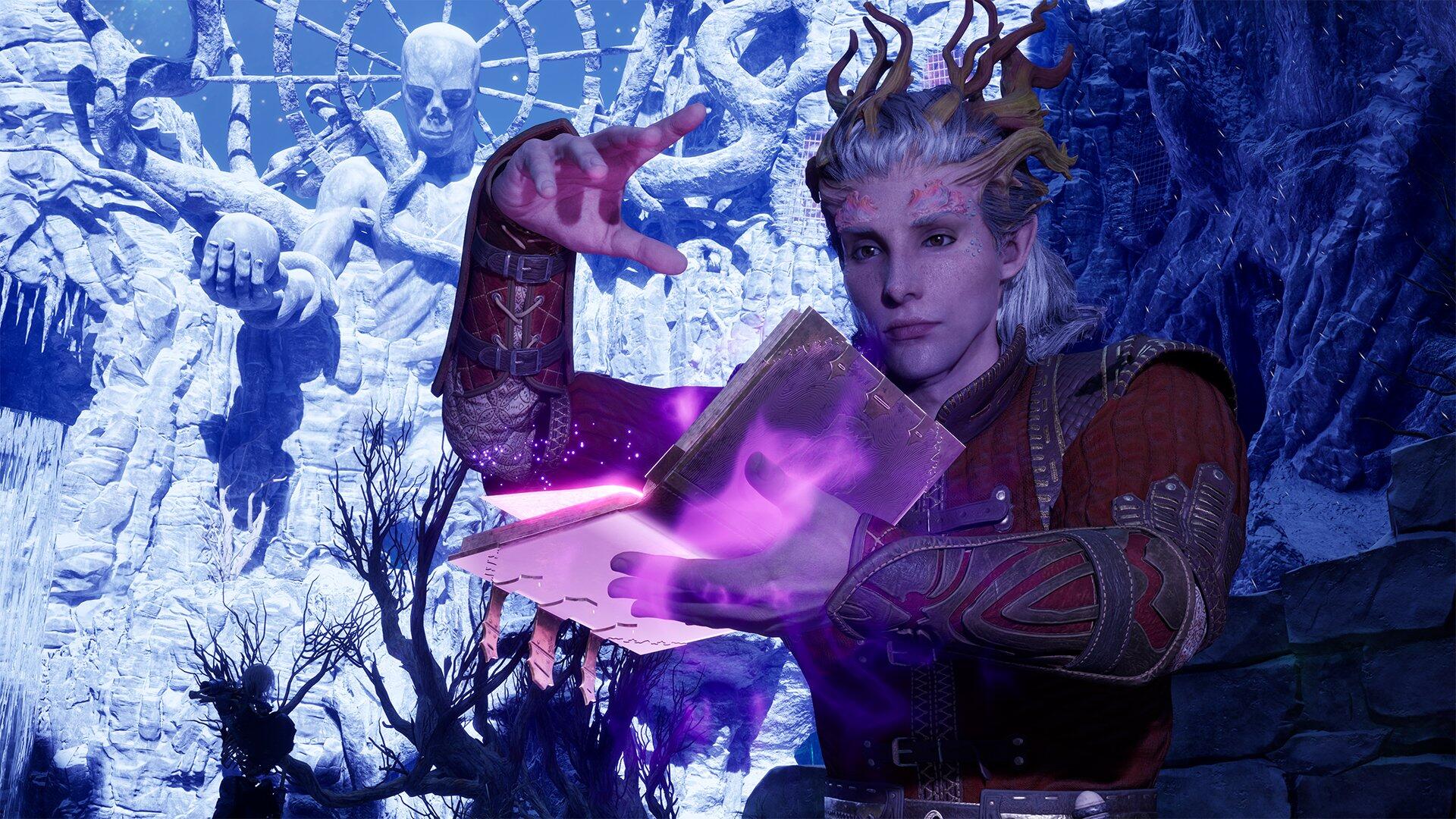 A necromancer from the video game Avowed conjures magical energy from an enchanted book, set against a haunting, dark backdrop filled with eerie skeletal figures.