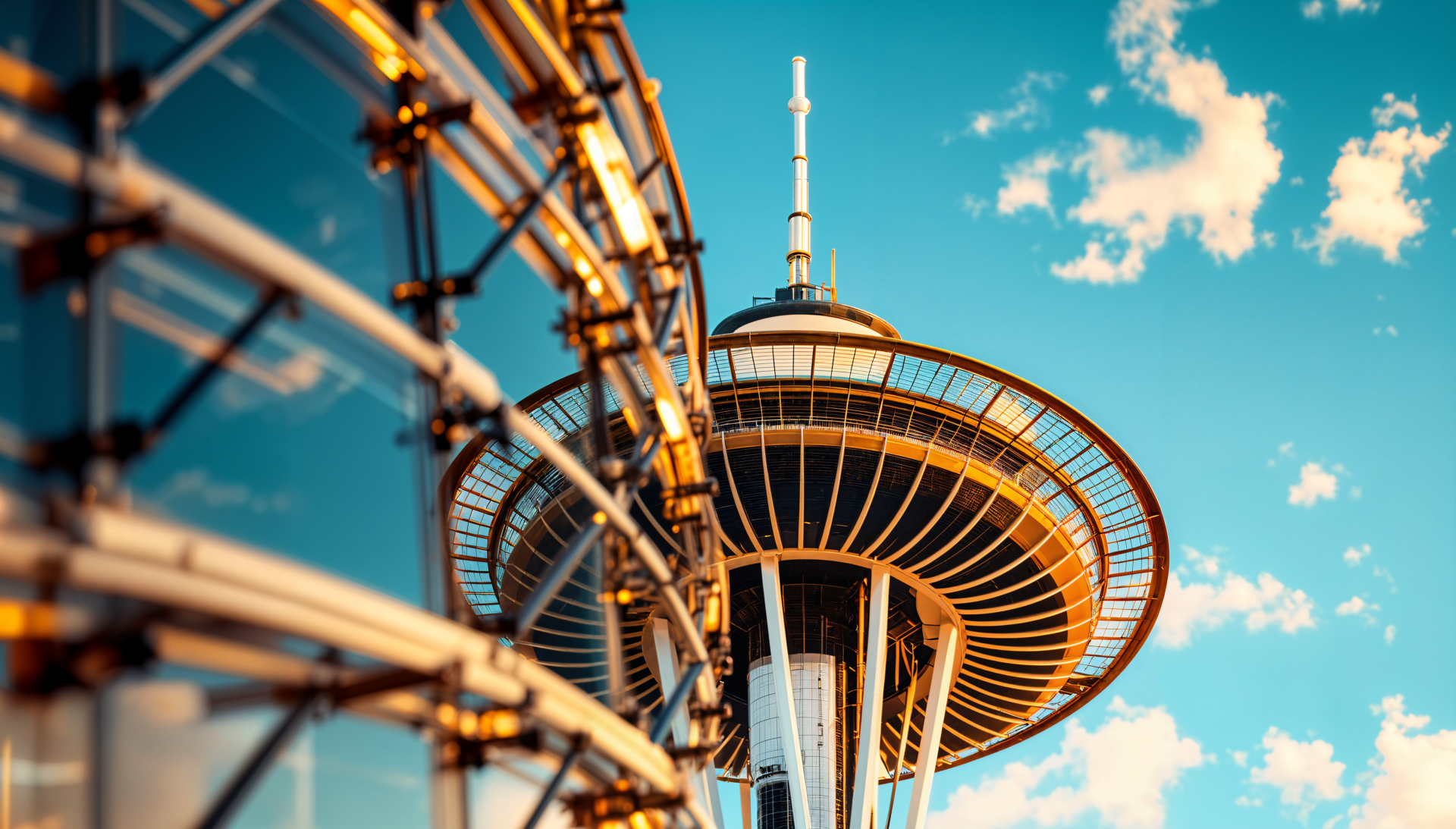 A stunning view of the Space Needle against a blue sky, showcasing its iconic structure. This high-resolution image serves as a captivating PC desktop wallpaper.