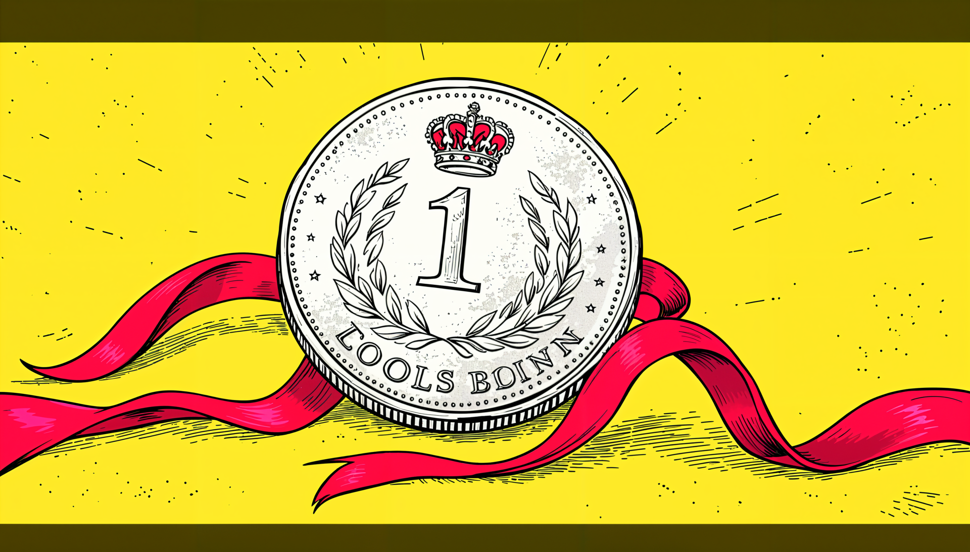 A detailed illustration of a silver coin featuring a crown and laurel design, set against a vibrant yellow background with red ribbons, designed as a 4K Ultra HD PC desktop wallpaper.