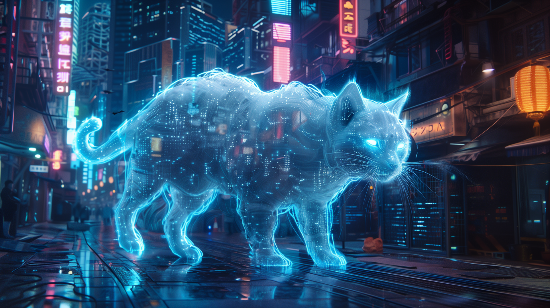 A stunning HD wallpaper featuring a holographic cat in a futuristic cityscape, illuminated by neon lights and reflecting a vibrant digital atmosphere.