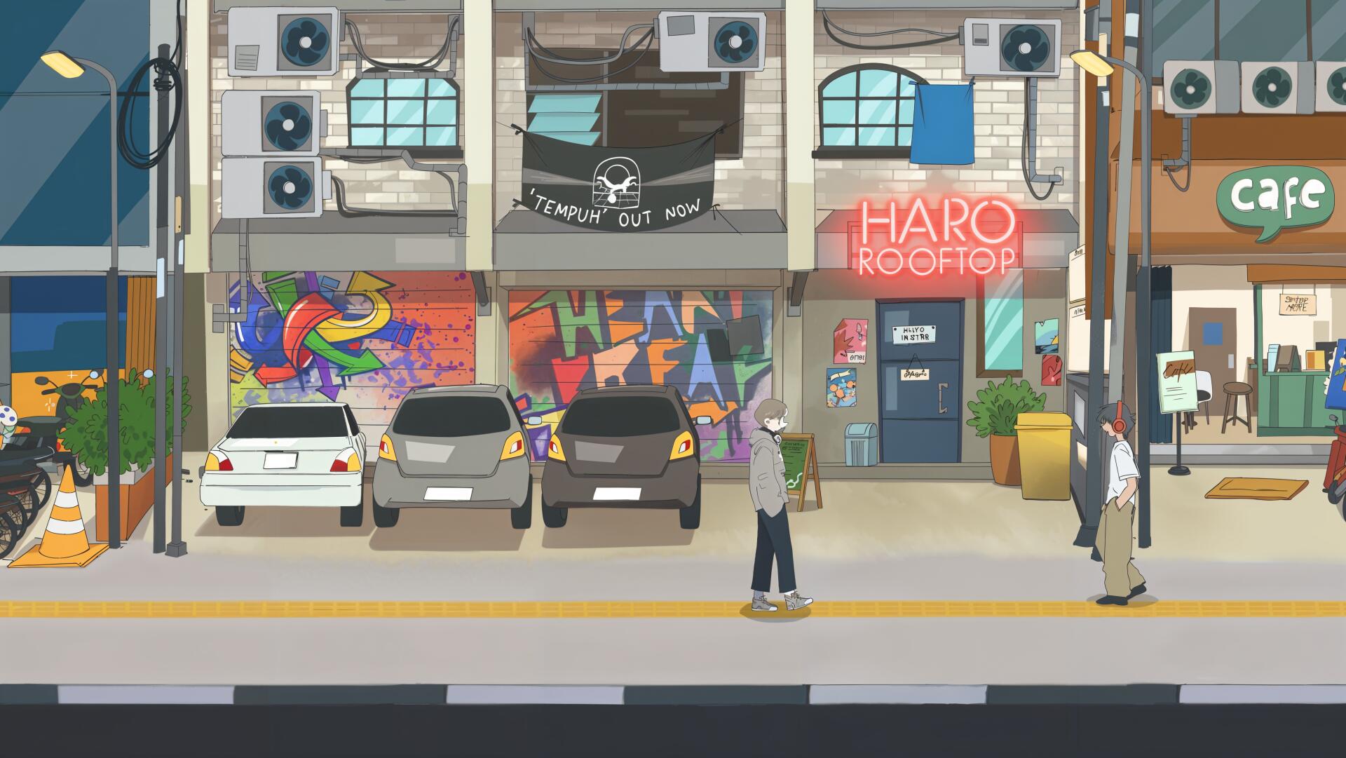 A vibrant urban scene from the video game Afterlove EP, showcasing colorful graffiti, parked cars, and two characters amid a stylized cityscape. 4K Ultra HD wallpaper quality.