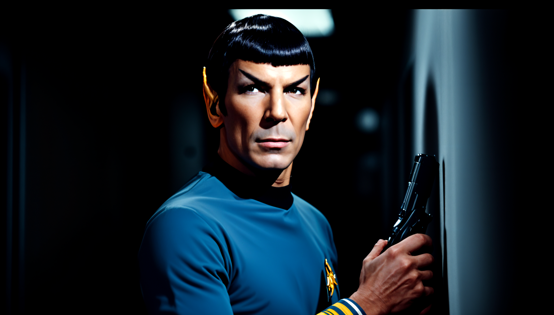 A 4K Ultra HD wallpaper featuring Spock, showcasing his iconic Vulcan features and starfleet uniform as he stands poised with a phaser in hand.