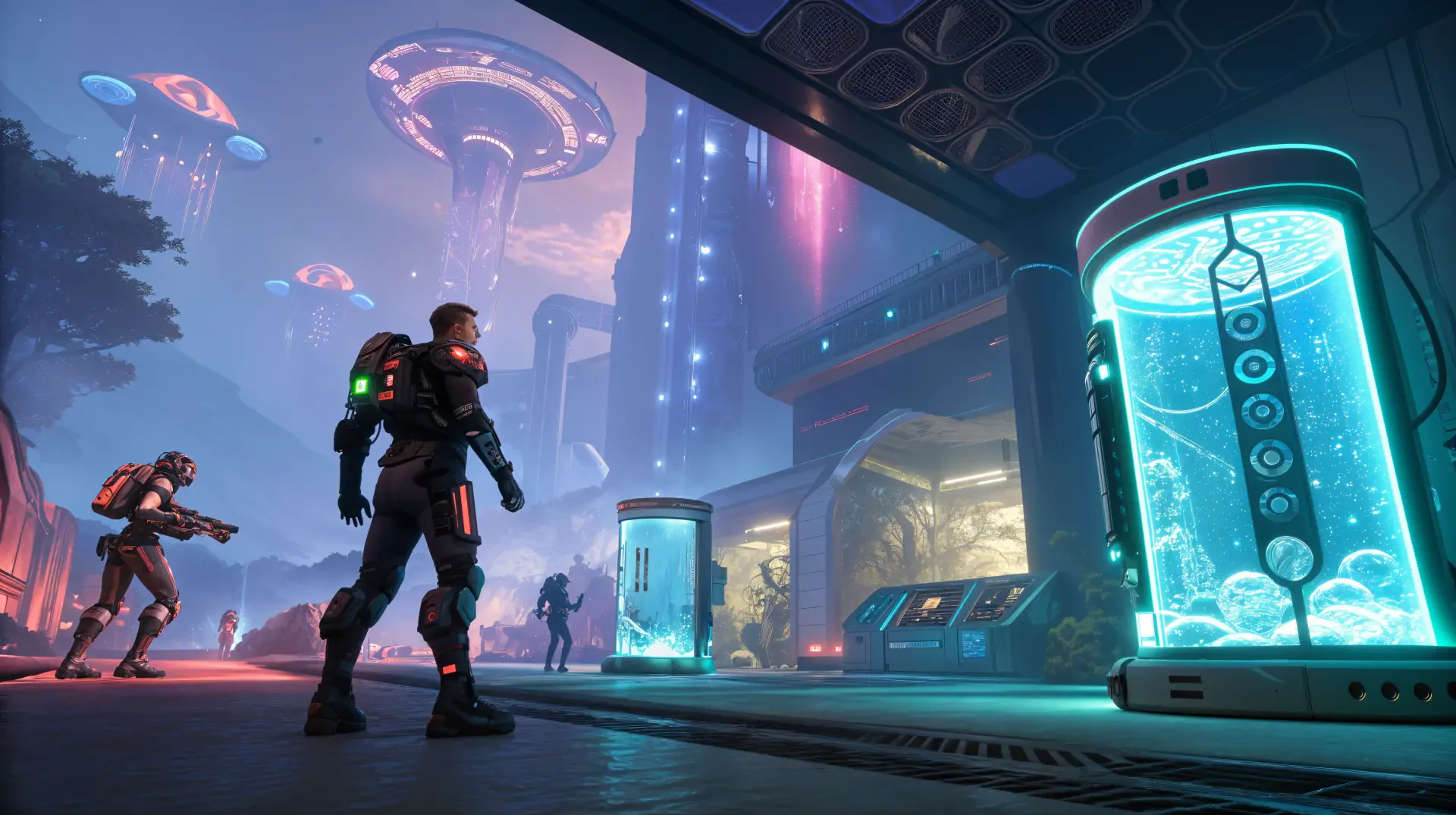 A futuristic gaming scene featuring a character in a high-tech environment, illuminated by vibrant lights and advanced technology, captured in stunning 4K Ultra HD resolution.