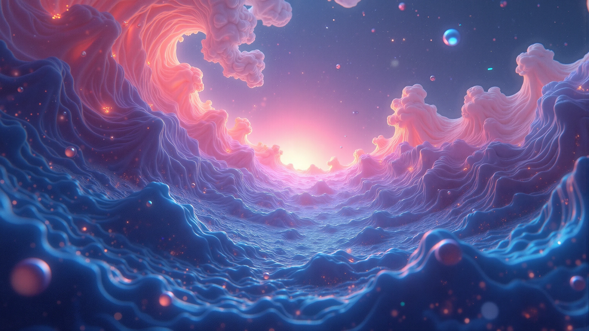 HD PC desktop wallpaper featuring abstract, glowing fluid shapes blending vibrant pinks and blues in a dynamic, otherworldly scene.