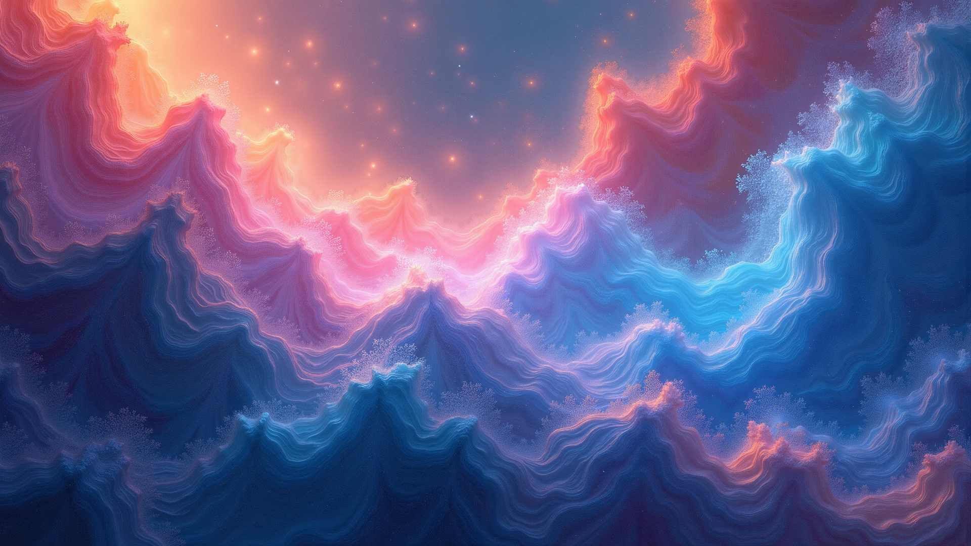 HD PC desktop wallpaper featuring abstract, fluid shapes with glowing edges in a vibrant blend of warm pinks and cool blues.