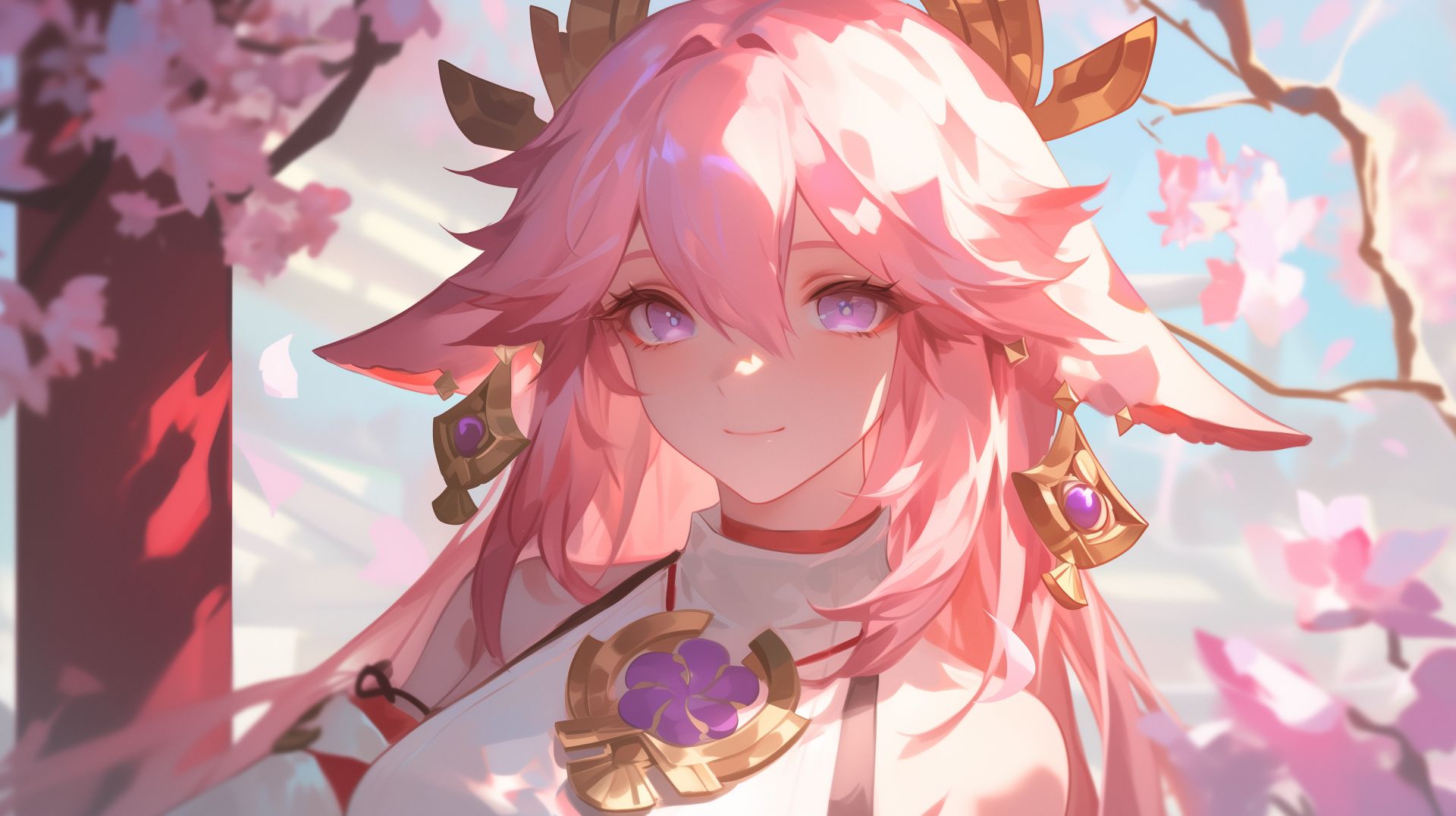 A colorful HD wallpaper featuring Yae Miko Guuji from Genshin Impact, surrounded by vibrant cherry blossoms and a serene sky, capturing her enchanting presence in the game.