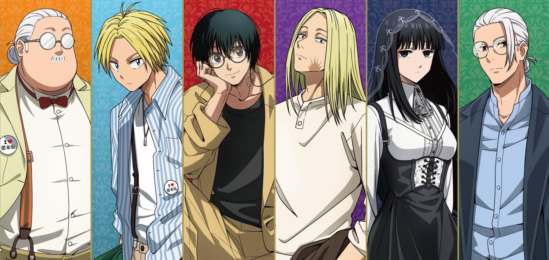 HD PC desktop wallpaper and background of Sakamoto Days anime characters lined up in colorful vertical panels — blond youth, bespectacled dark-haired man, long-haired blond, black-haired woman and others.