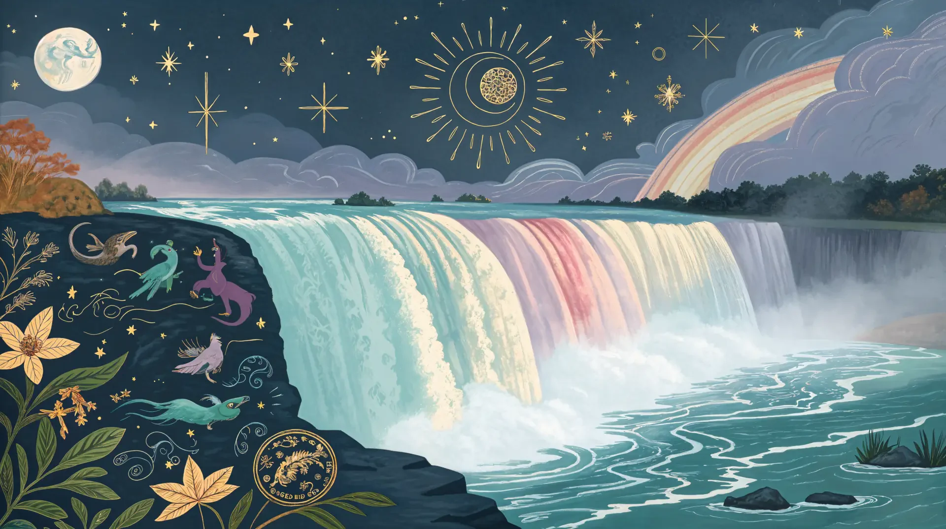 A vibrant illustration of Niagara Falls, showcasing cascading waters adorned with stars, a moon, and a rainbow, featured as a mesmerizing 4K Ultra HD desktop wallpaper.