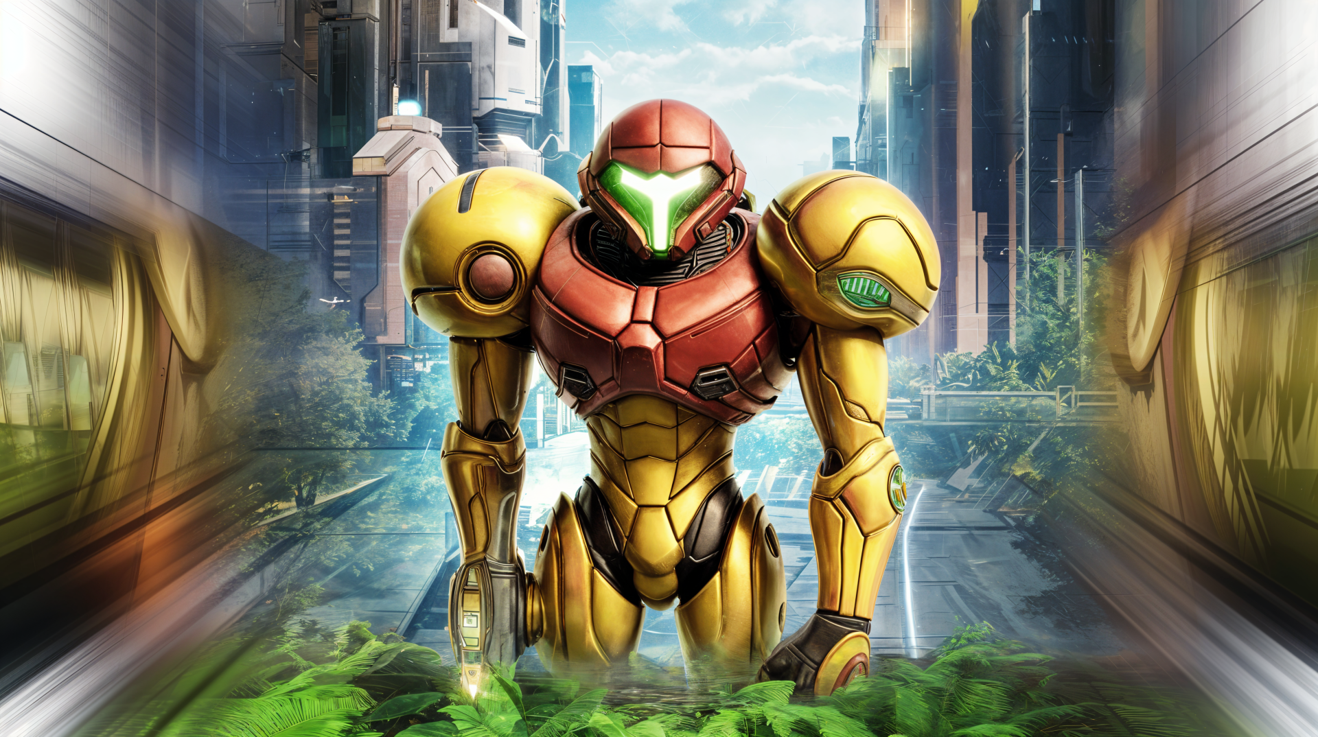 A vibrant 4K Ultra HD wallpaper featuring Samus Aran from Metroid, showcasing her iconic armored suit in a futuristic cityscape surrounded by lush greenery.