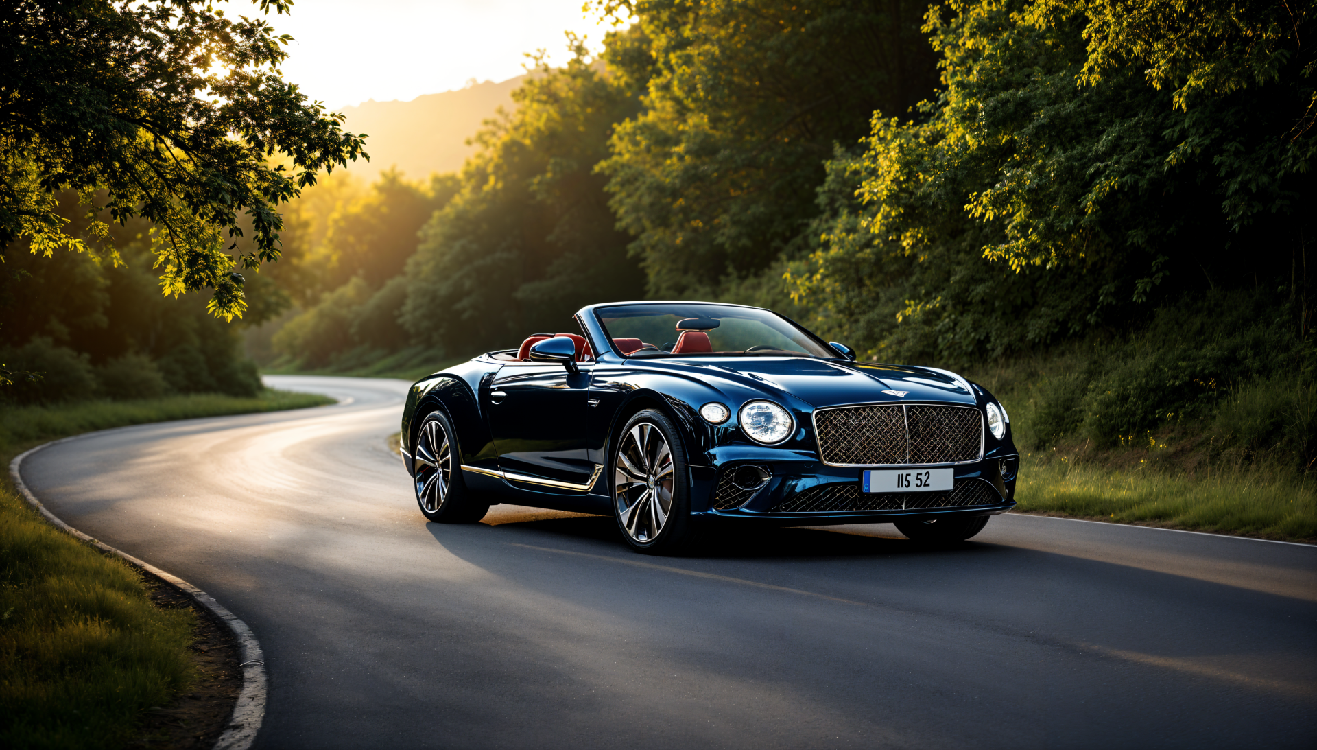 A stunning Bentley convertible glides along a winding road, framed by lush greenery and bathed in warm sunlight, captured in 4K Ultra HD for a striking desktop wallpaper.